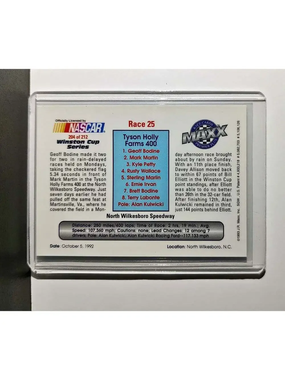 Race 25 North Wilkesboro YR 1993 Maxx Premier Plus Racing #204 NASCAR Card